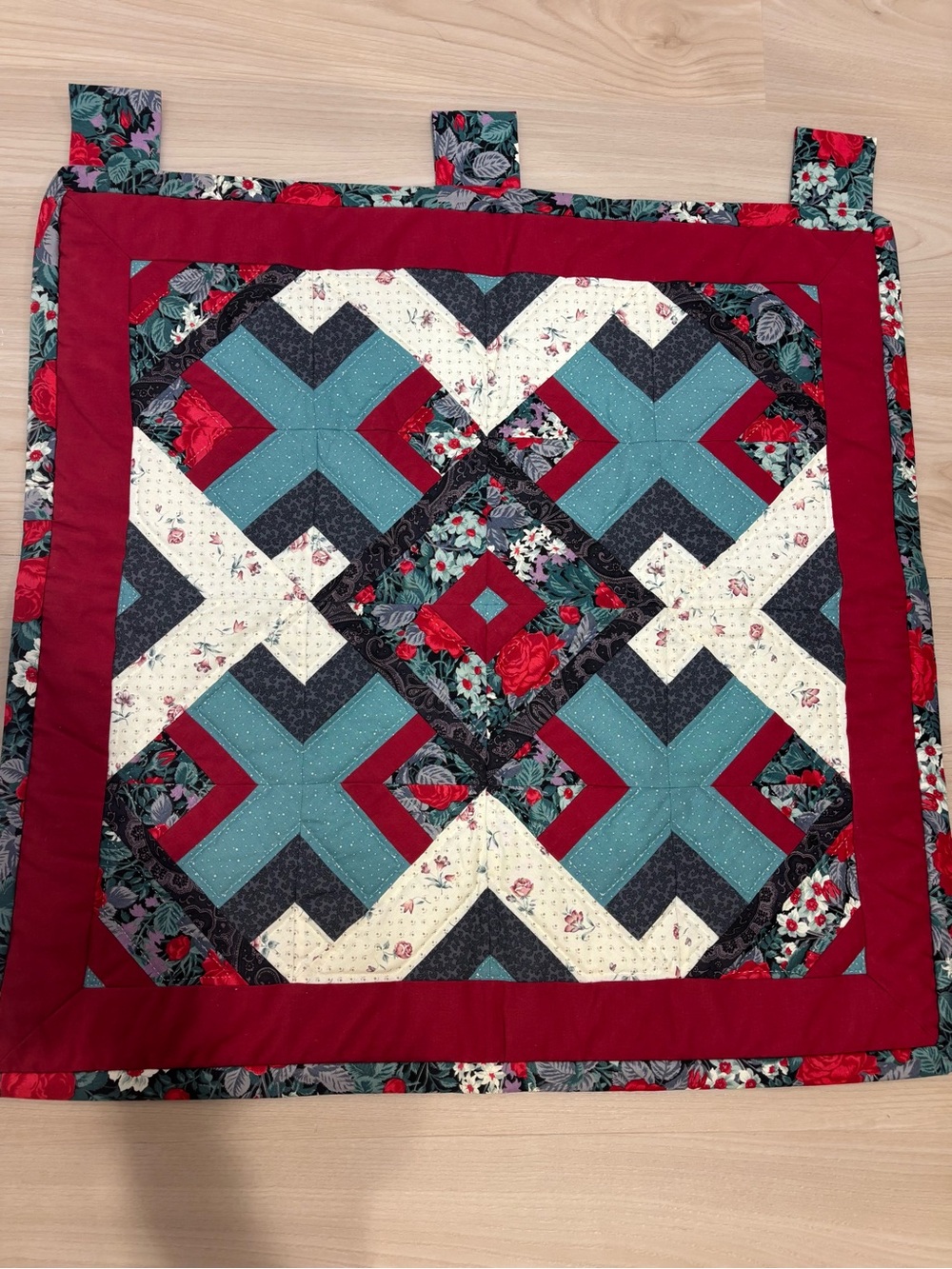 Handmade & Hand quilted Wall Hanging in Floral Burgundy & Blues 30x30
